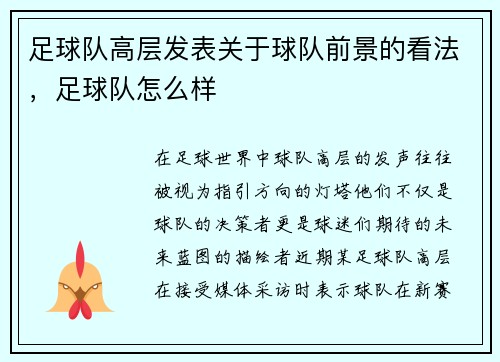 足球队高层发表关于球队前景的看法，足球队怎么样