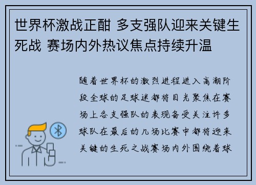 世界杯激战正酣 多支强队迎来关键生死战 赛场内外热议焦点持续升温