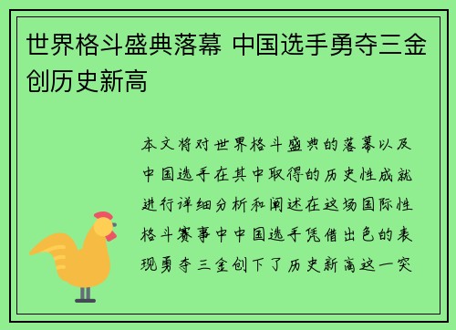 世界格斗盛典落幕 中国选手勇夺三金创历史新高